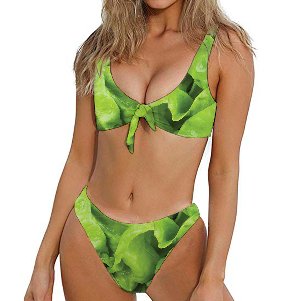 Green Lettuce Leaves Print Front Bow Tie Bikini