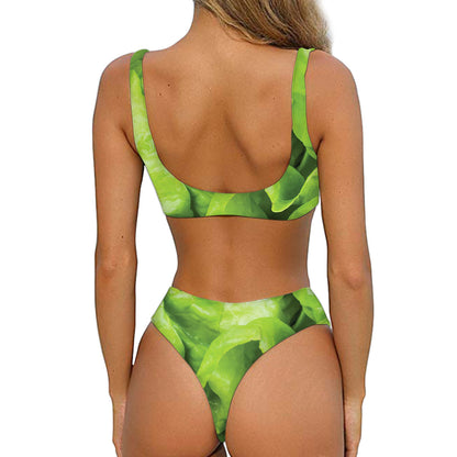 Green Lettuce Leaves Print Front Bow Tie Bikini