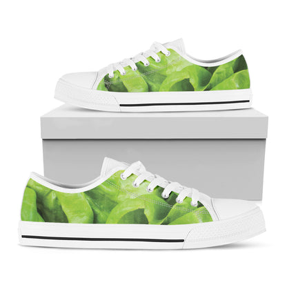 Green Lettuce Leaves Print White Low Top Shoes