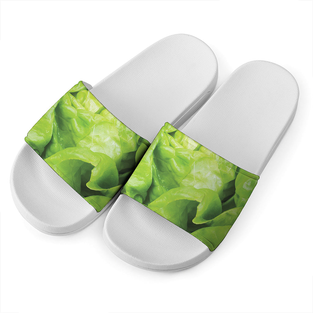 Green Lettuce Leaves Print White Slide Sandals