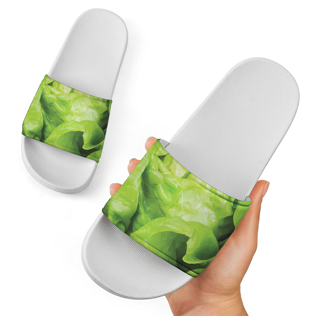 Green Lettuce Leaves Print White Slide Sandals