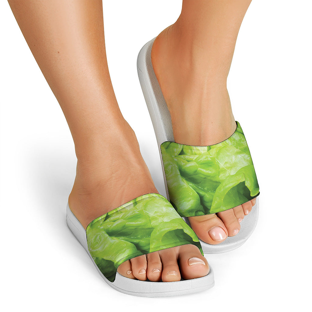 Green Lettuce Leaves Print White Slide Sandals