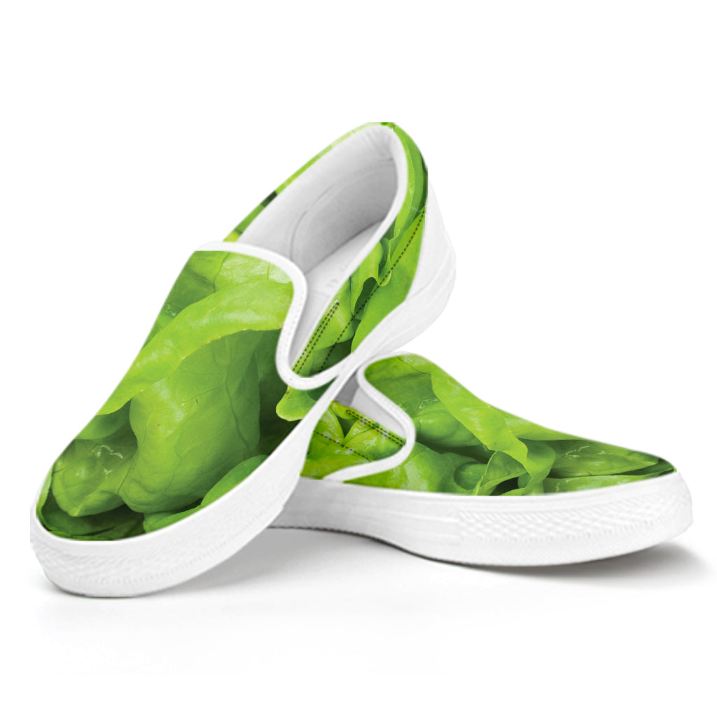 Green Lettuce Leaves Print White Slip On Shoes