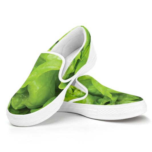 Green Lettuce Leaves Print White Slip On Shoes