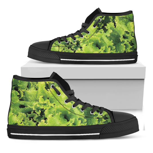Green Lettuce Salad Print Black High Top Shoes