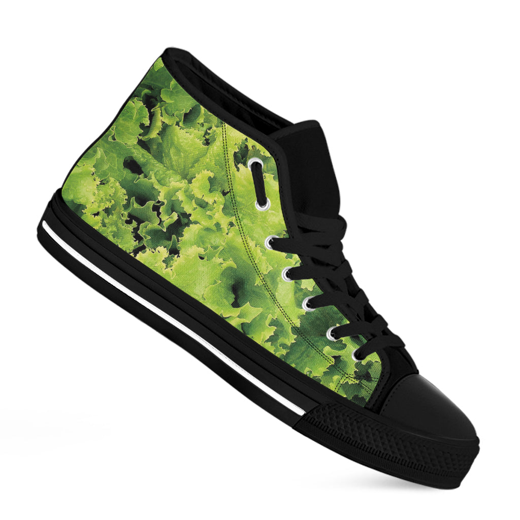 Green Lettuce Salad Print Black High Top Shoes