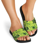 Green Lettuce Salad Print Black Slide Sandals