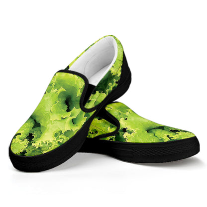 Green Lettuce Salad Print Black Slip On Shoes