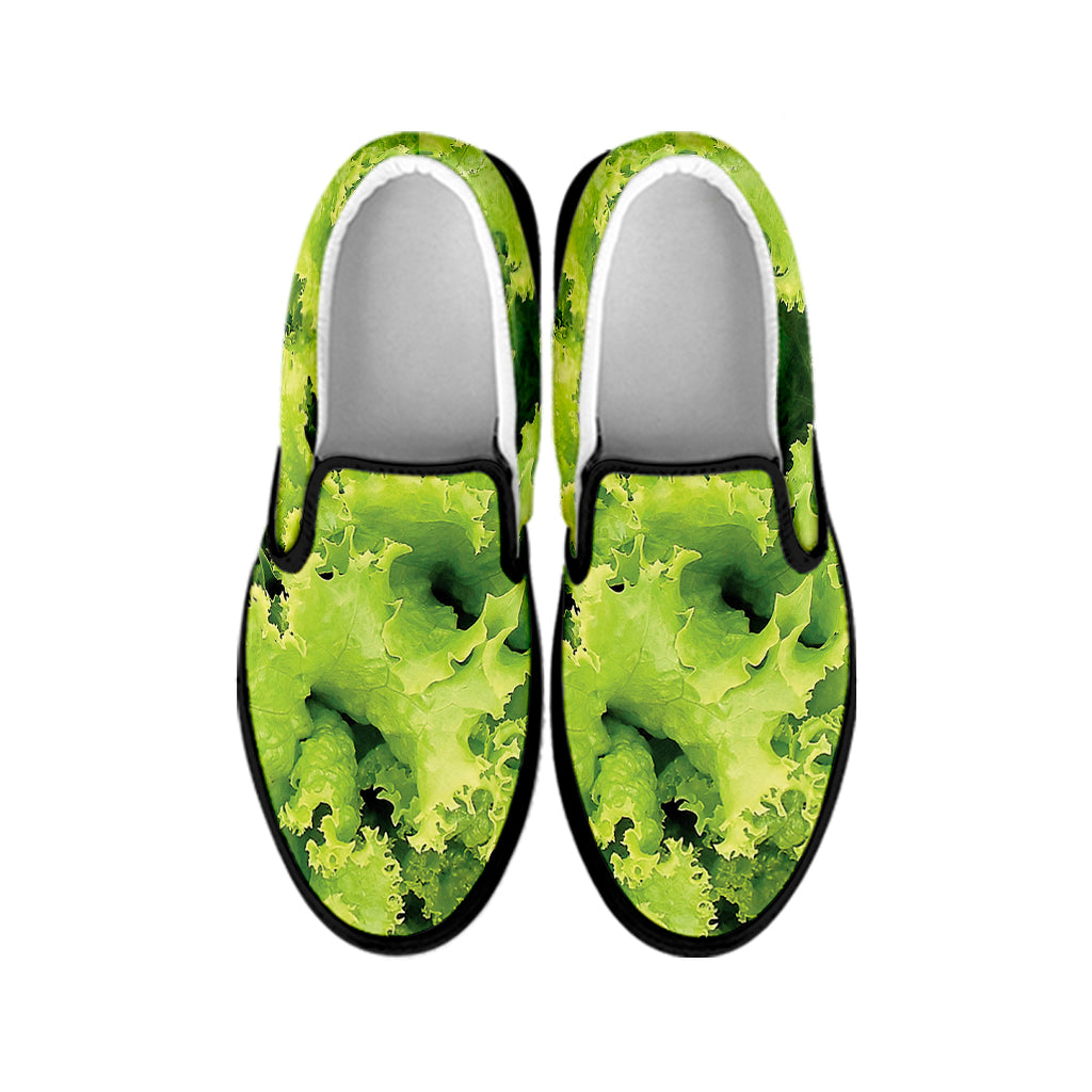 Green Lettuce Salad Print Black Slip On Shoes