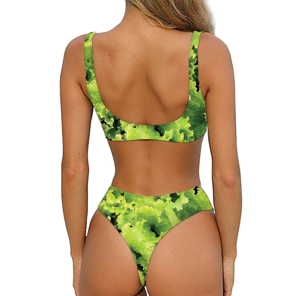 Green Lettuce Salad Print Front Bow Tie Bikini
