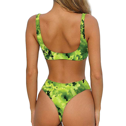 Green Lettuce Salad Print Front Bow Tie Bikini