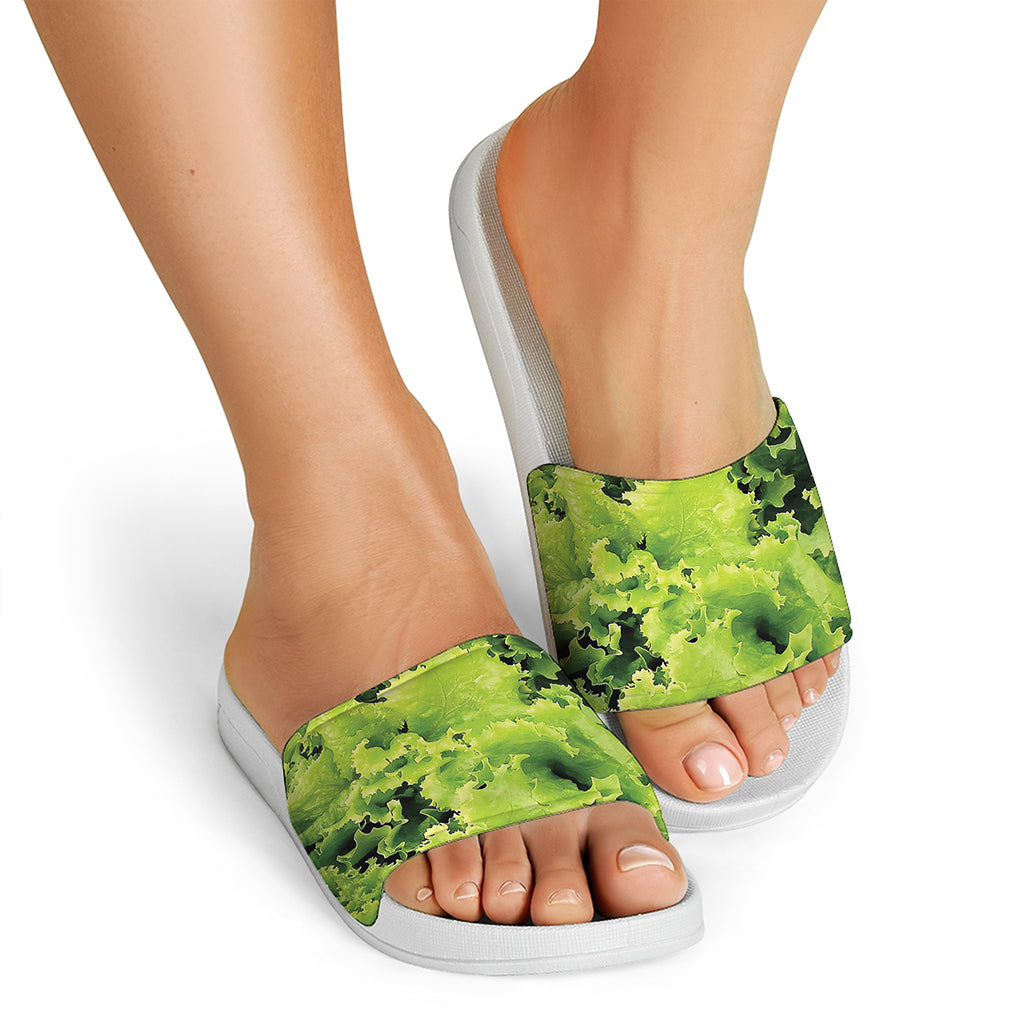 Green Lettuce Salad Print White Slide Sandals