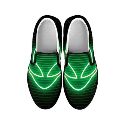 Green Light Alien Print Black Slip On Shoes