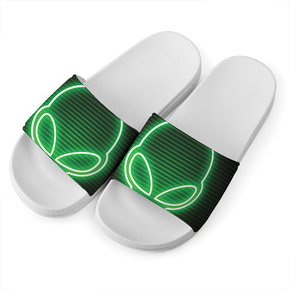 Green Light Alien Print White Slide Sandals