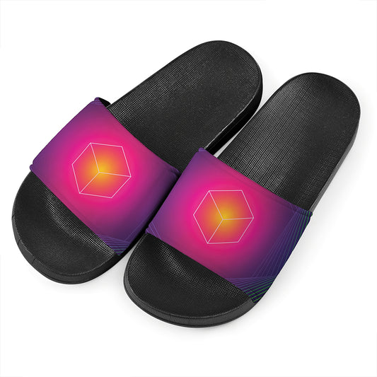 Green Light EDM Geometric Print Black Slide Sandals