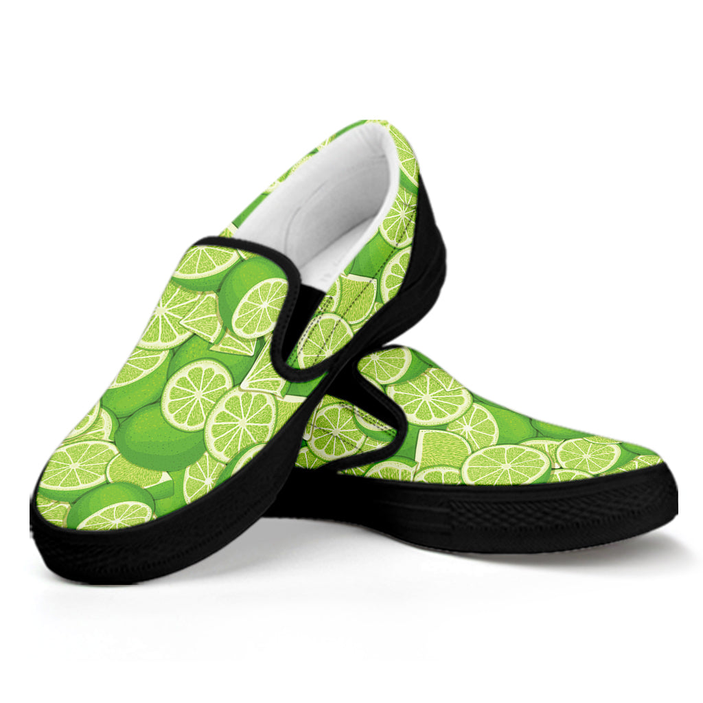 Green Lime Pattern Print Black Slip On Shoes