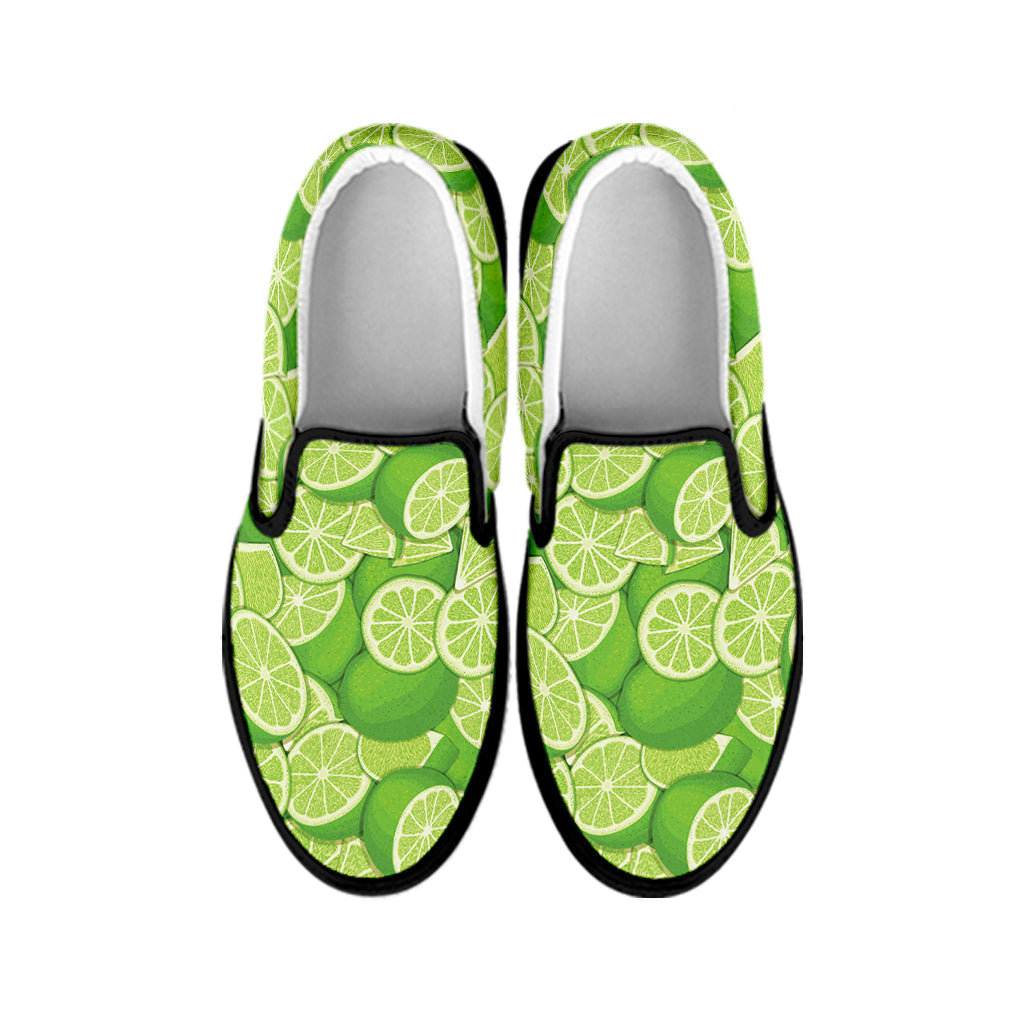 Green Lime Pattern Print Black Slip On Shoes