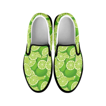 Green Lime Pattern Print Black Slip On Shoes