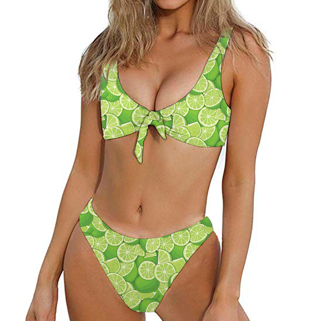 Green Lime Pattern Print Front Bow Tie Bikini