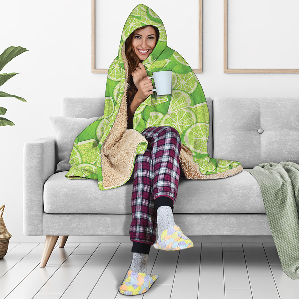 Green Lime Pattern Print Hooded Blanket