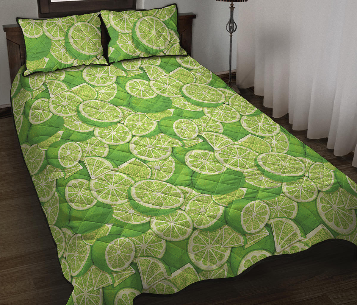 Green Lime Pattern Print Quilt Bed Set
