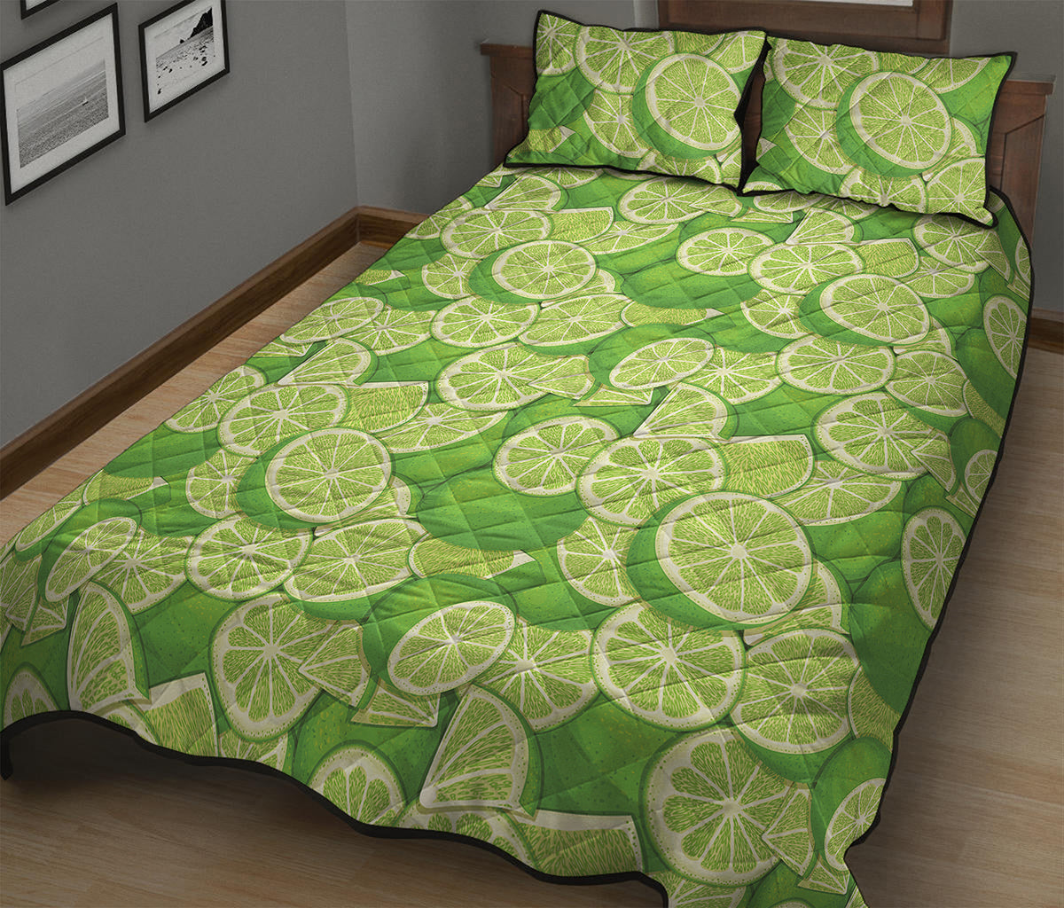 Green Lime Pattern Print Quilt Bed Set
