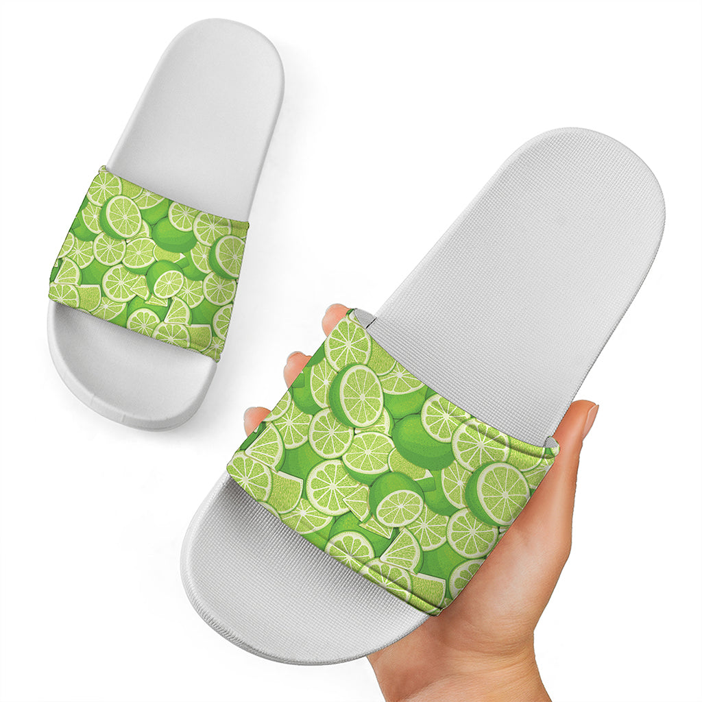 Green Lime Pattern Print White Slide Sandals