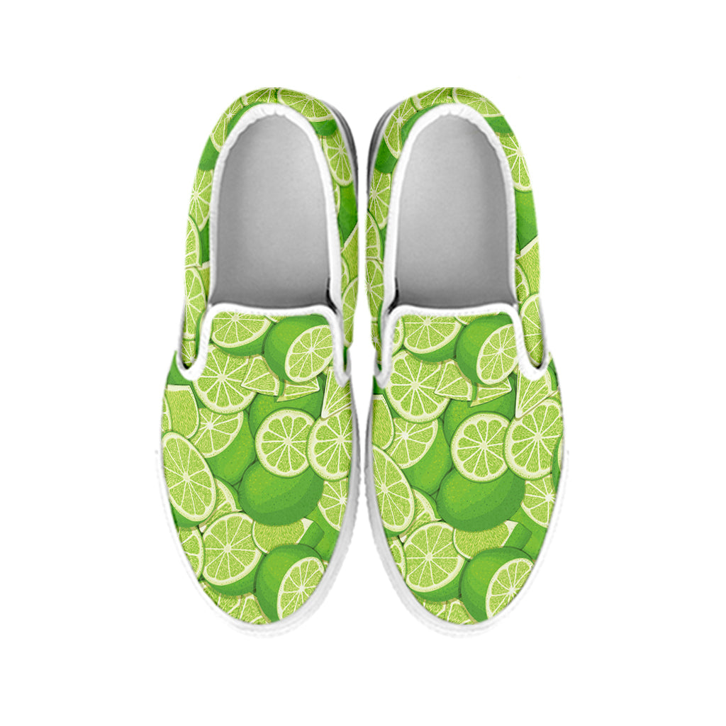 Green Lime Pattern Print White Slip On Shoes