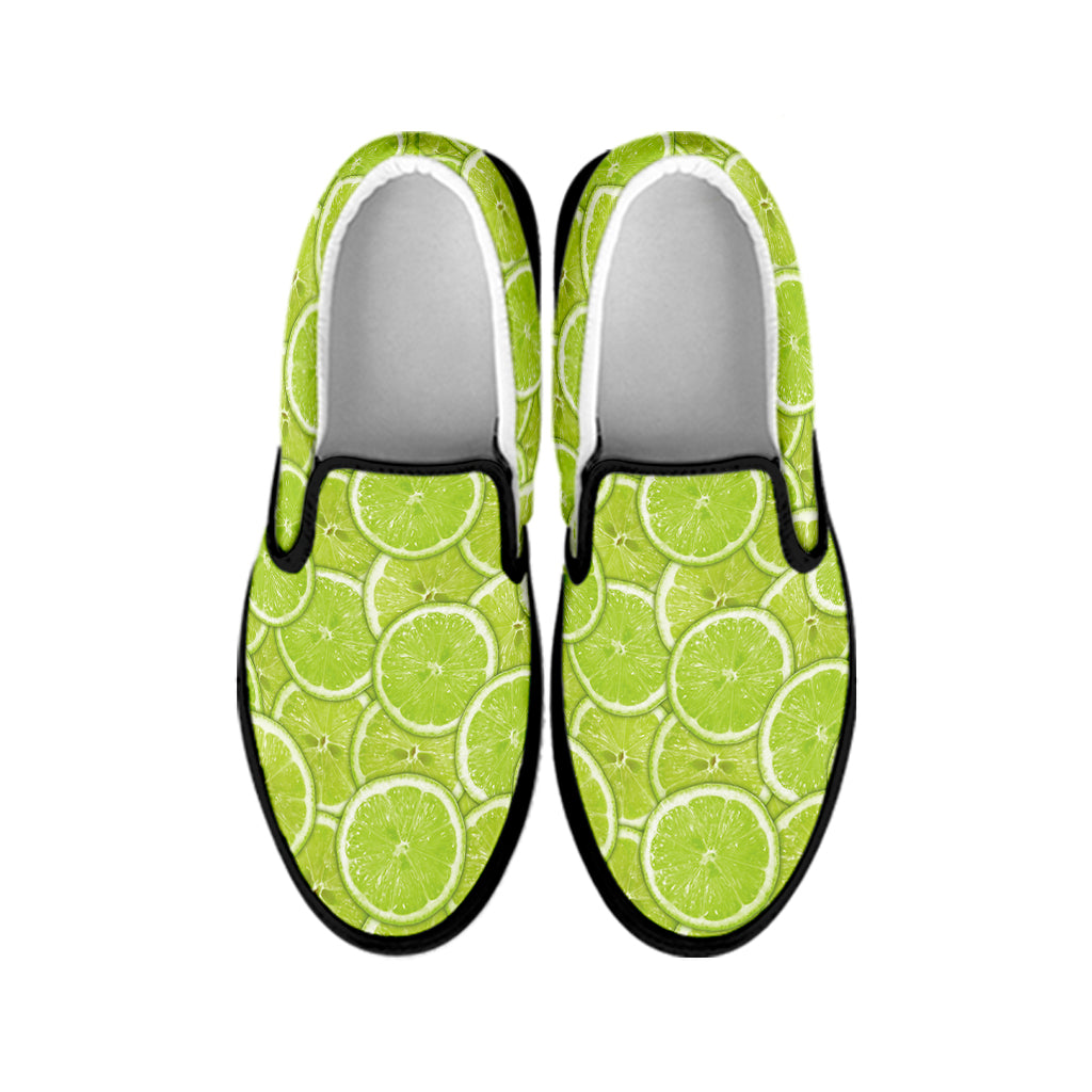 Green Lime Slices Pattern Print Black Slip On Shoes