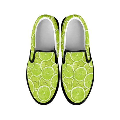 Green Lime Slices Pattern Print Black Slip On Shoes