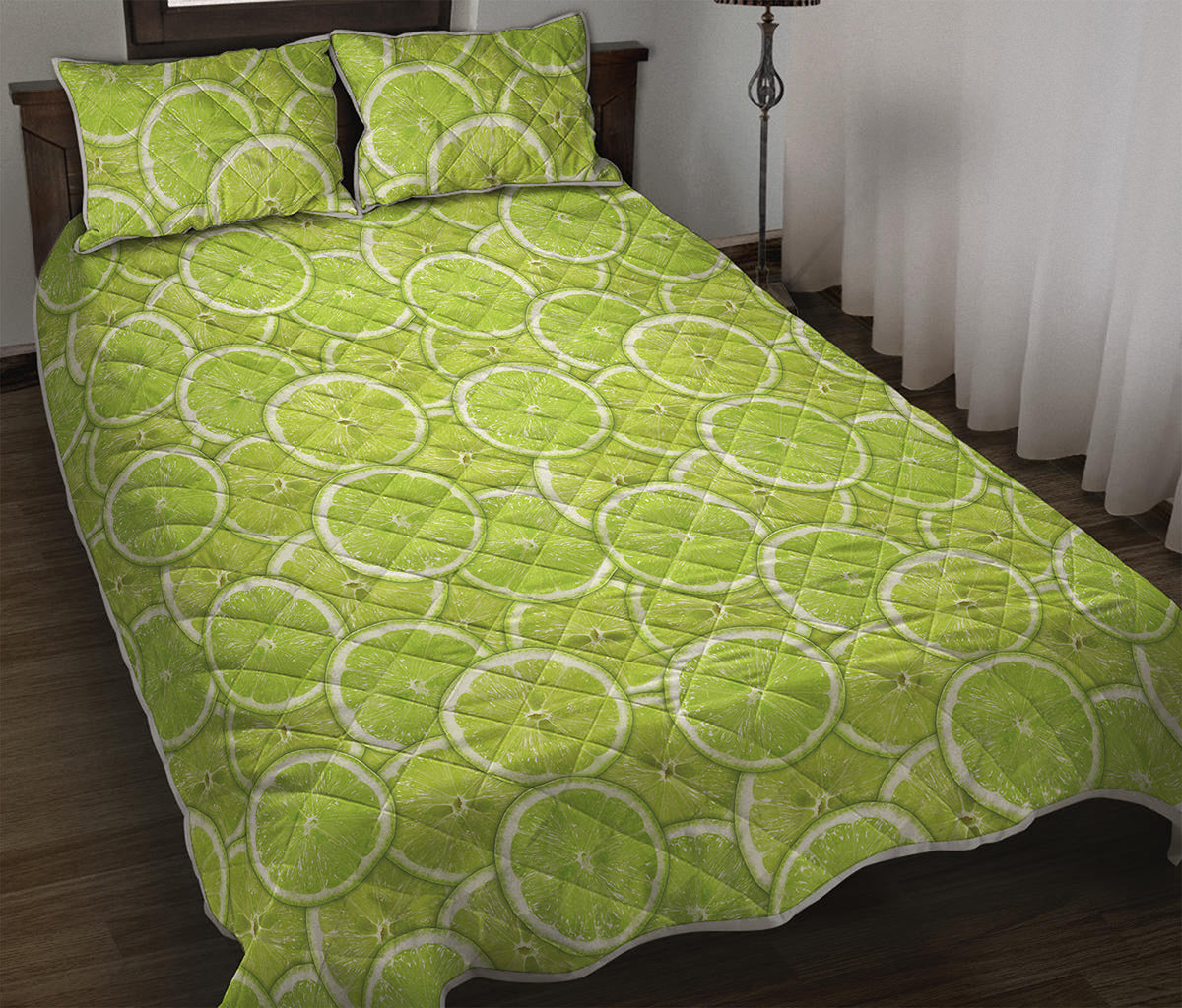 Green Lime Slices Pattern Print Quilt Bed Set