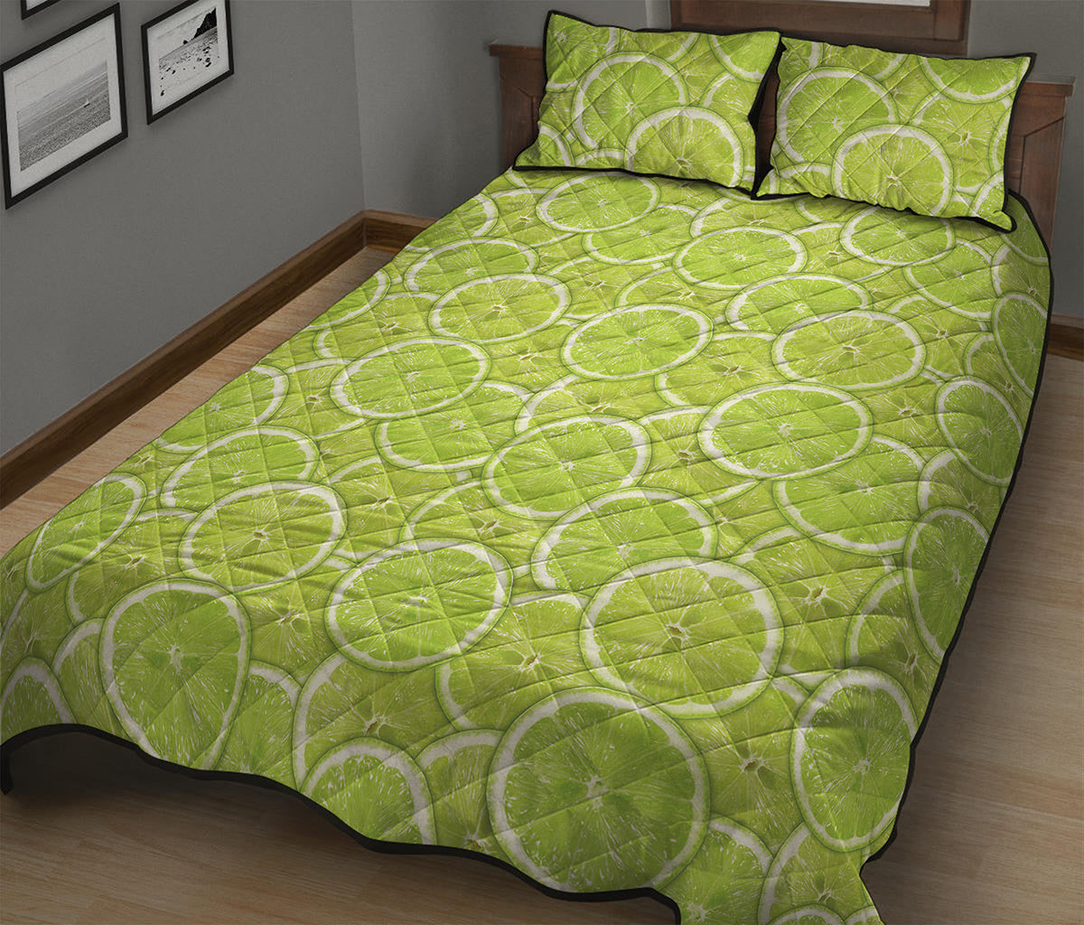 Green Lime Slices Pattern Print Quilt Bed Set