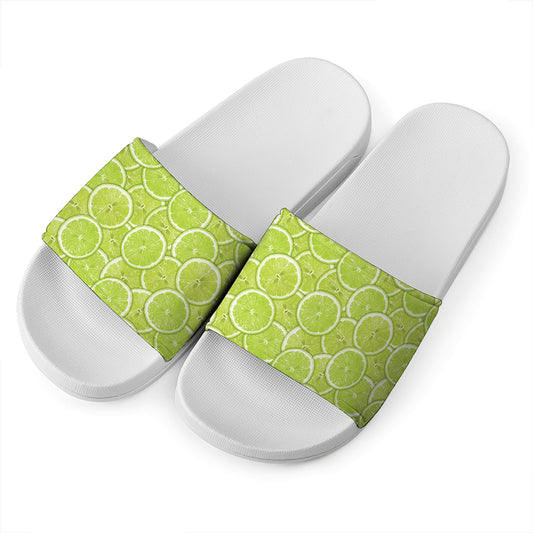 Green Lime Slices Pattern Print White Slide Sandals