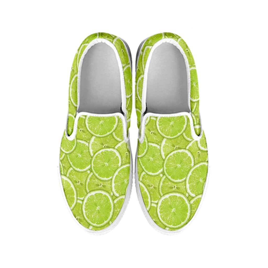 Green Lime Slices Pattern Print White Slip On Shoes