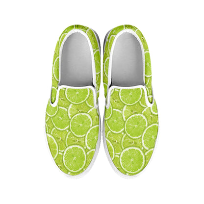 Green Lime Slices Pattern Print White Slip On Shoes