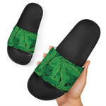 Green Marijuana Leaf Print Black Slide Sandals