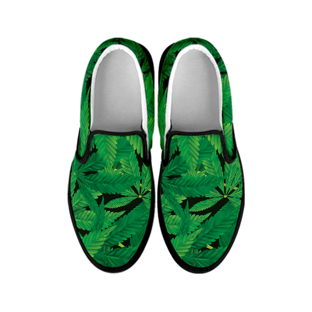 Green Marijuana Leaf Print Black Slip On Shoes