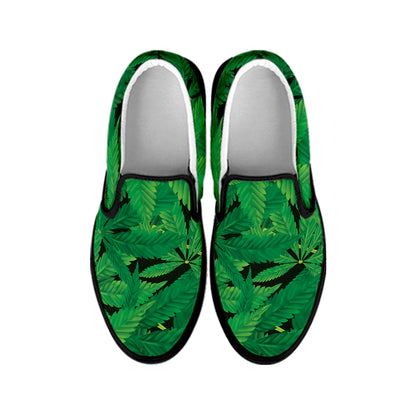 Green Marijuana Leaf Print Black Slip On Shoes