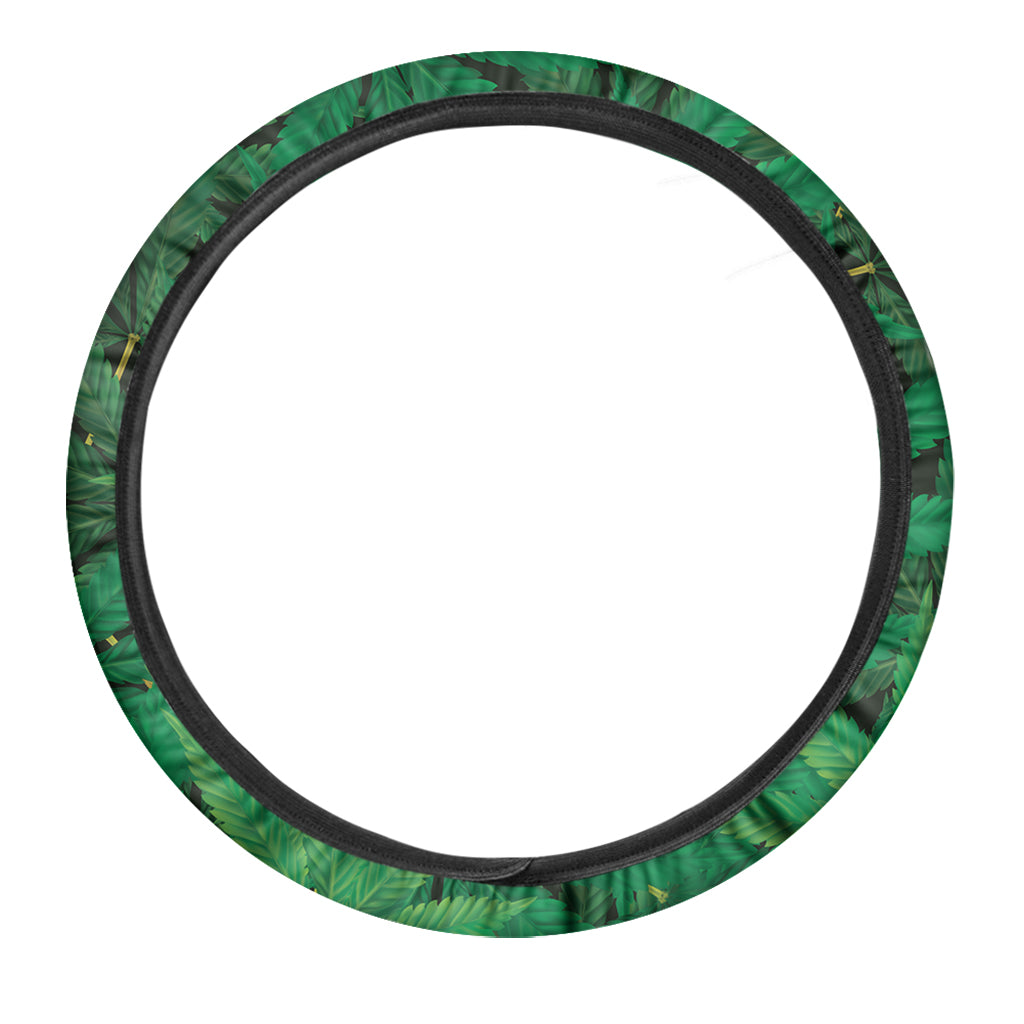 Green Marijuana Leaf Print Car Steering Wheel Cover