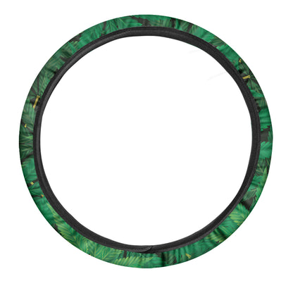 Green Marijuana Leaf Print Car Steering Wheel Cover