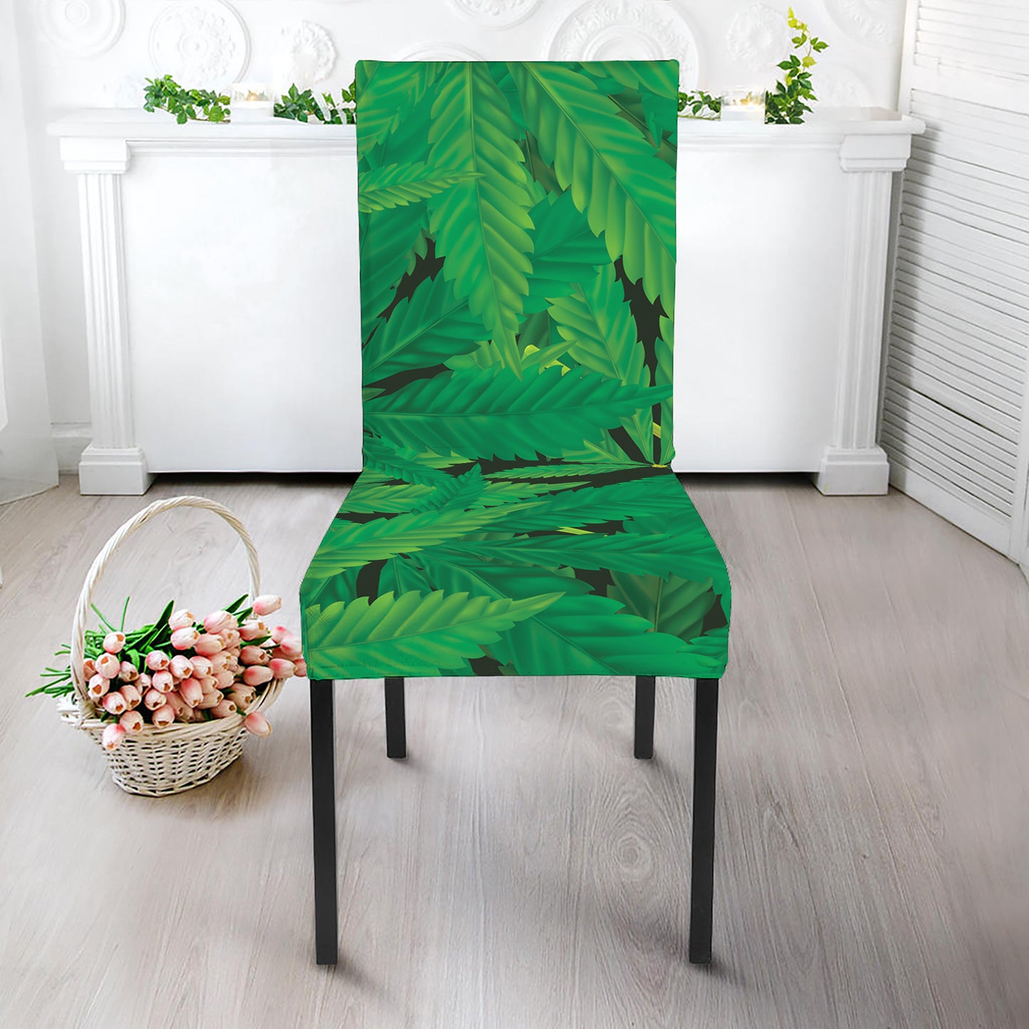 Green Marijuana Leaf Print Dining Chair Slipcover