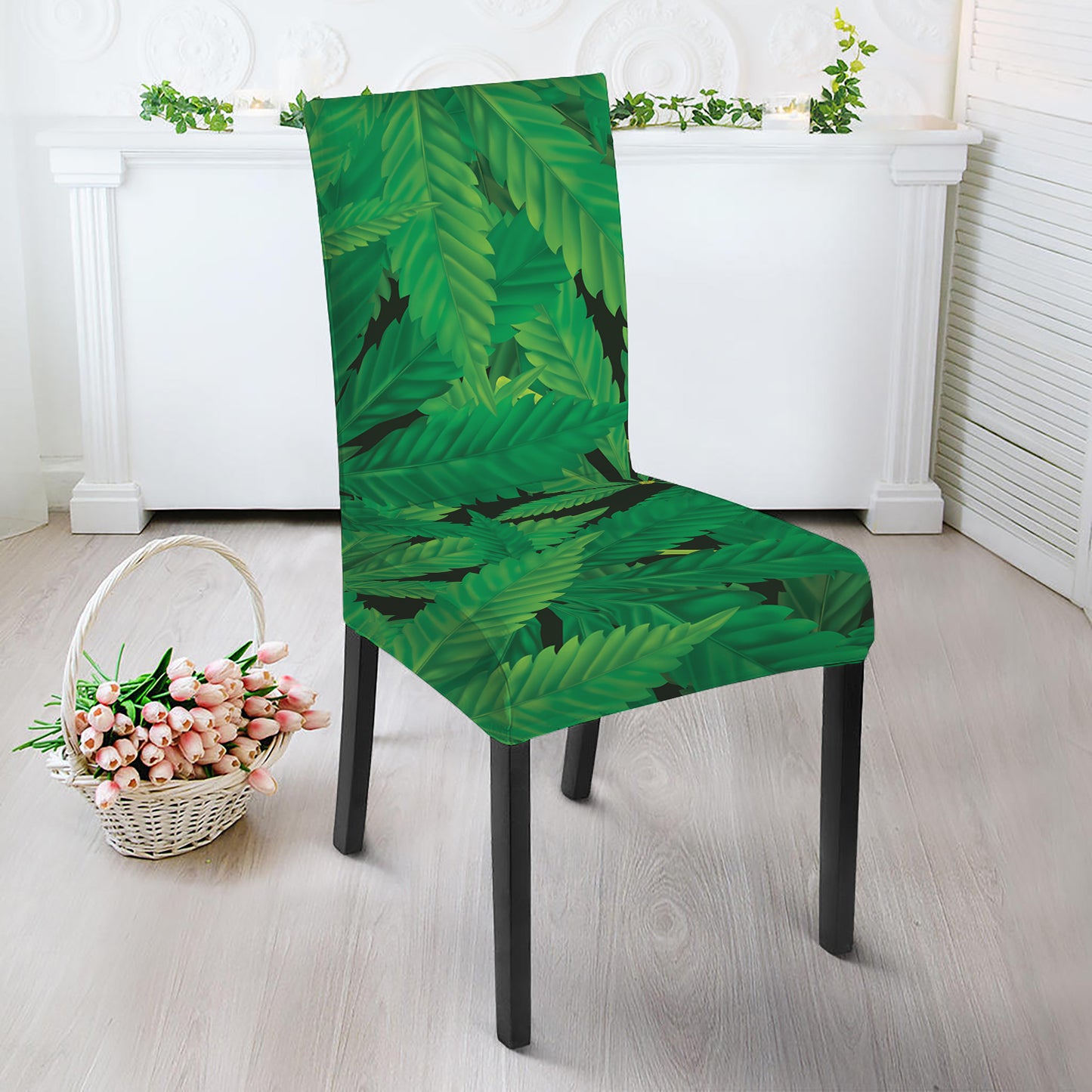 Green Marijuana Leaf Print Dining Chair Slipcover