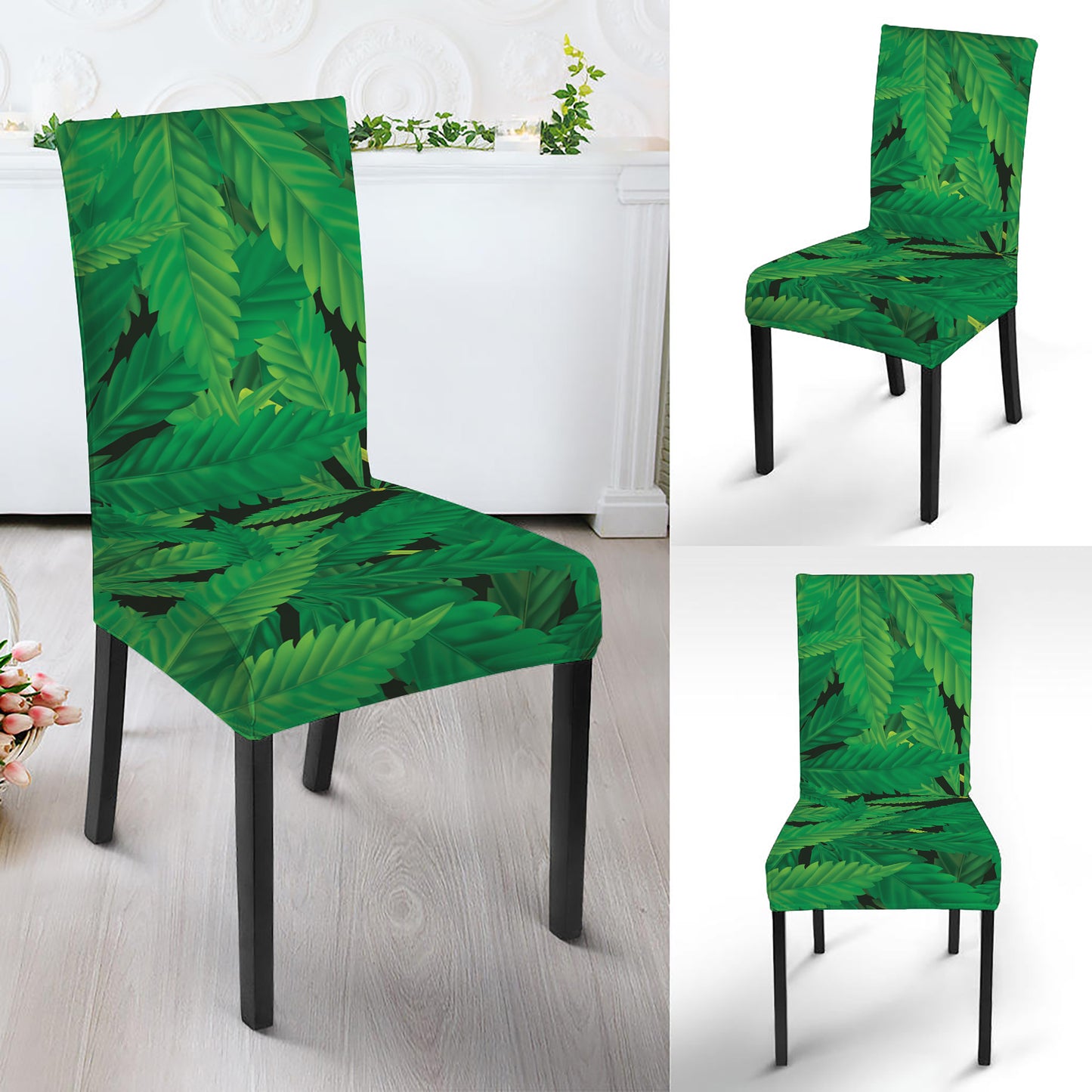 Green Marijuana Leaf Print Dining Chair Slipcover