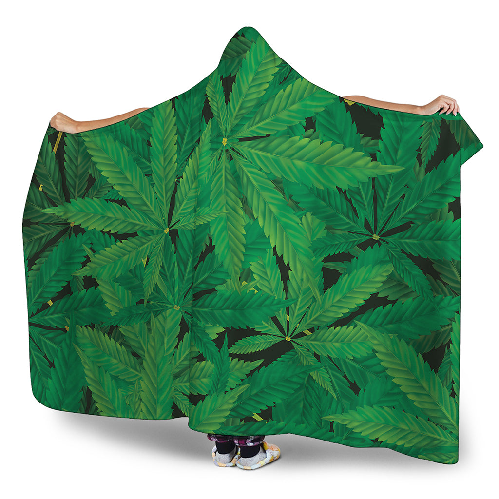 Green Marijuana Leaf Print Hooded Blanket