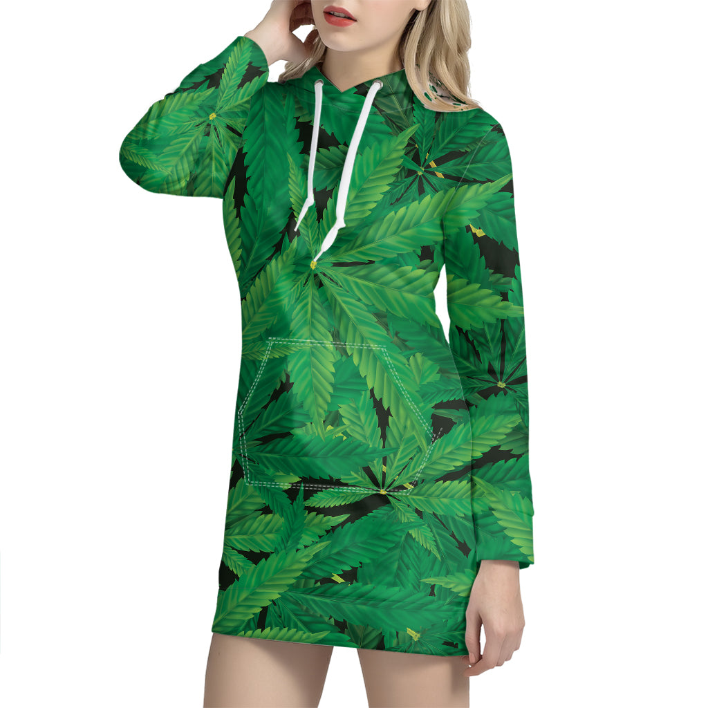 Green Marijuana Leaf Print Hoodie Dress