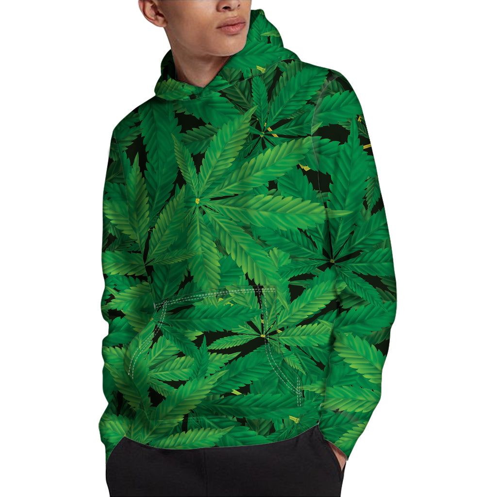 Green Marijuana Leaf Print Pullover Hoodie