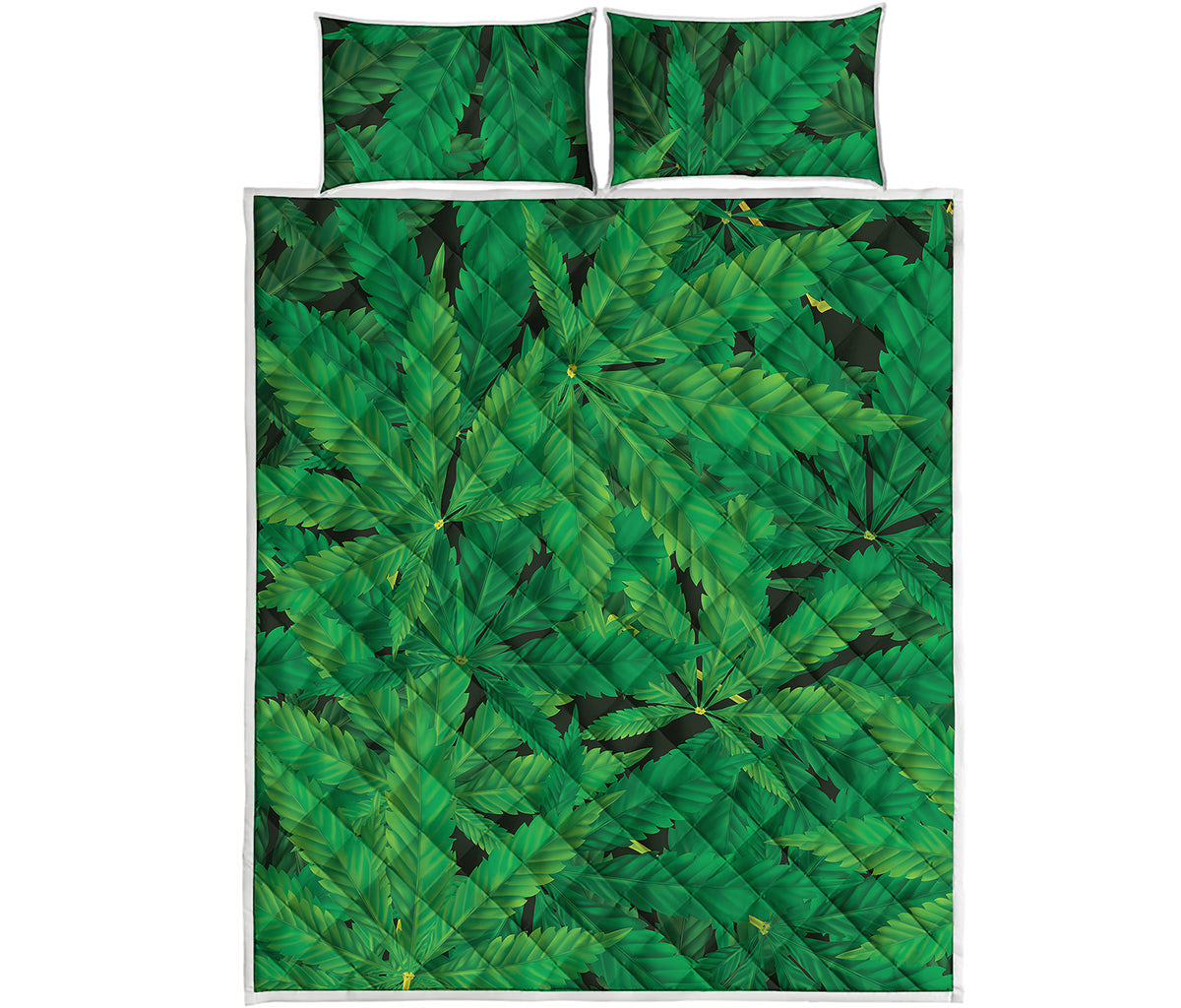 Green Marijuana Leaf Print Quilt Bed Set