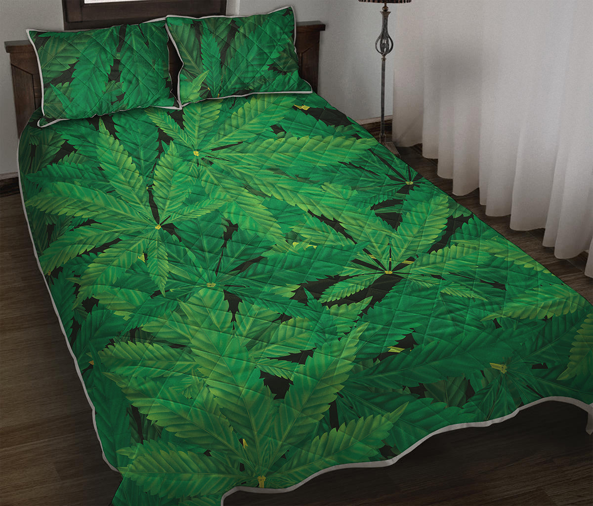 Green Marijuana Leaf Print Quilt Bed Set