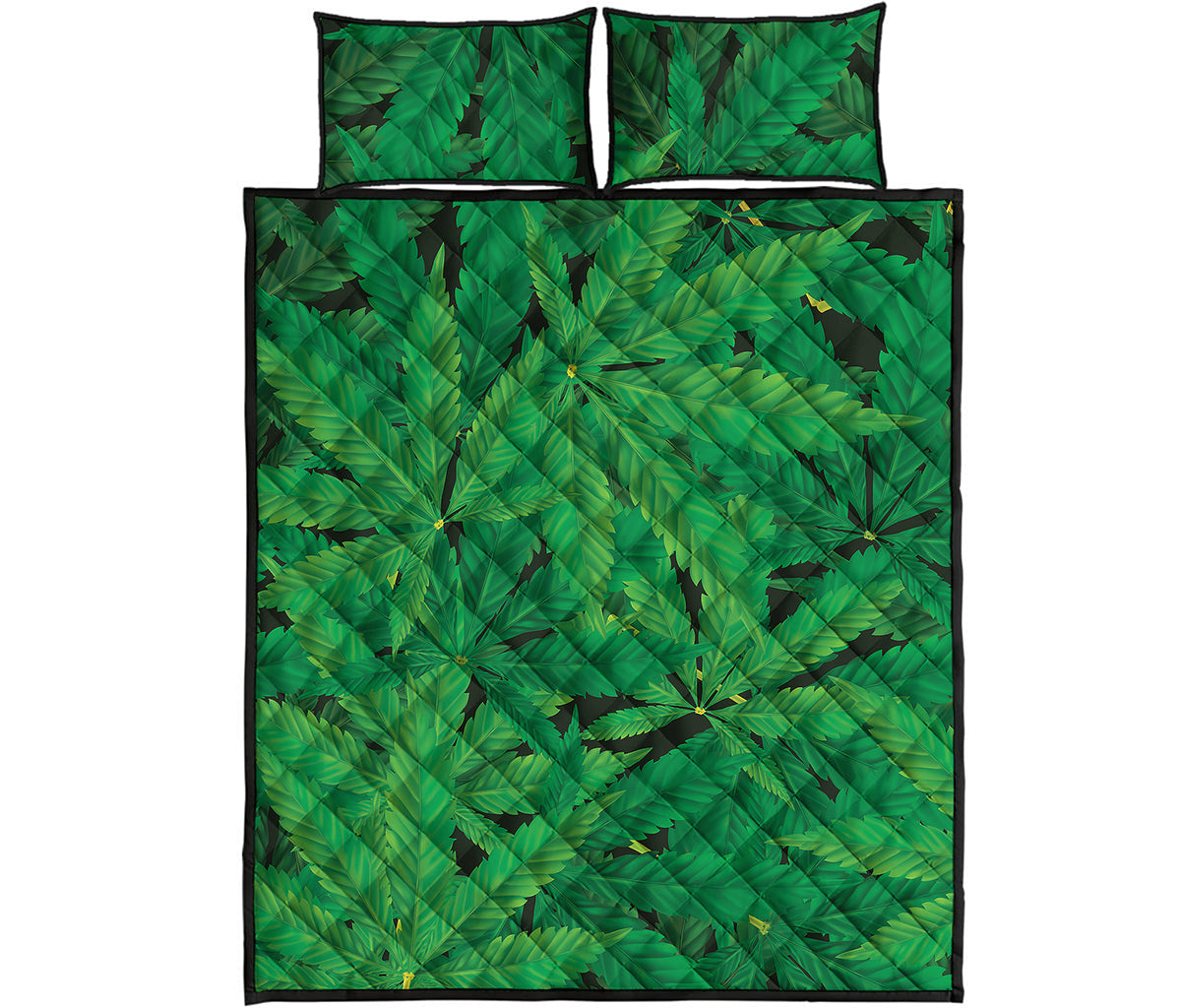 Green Marijuana Leaf Print Quilt Bed Set