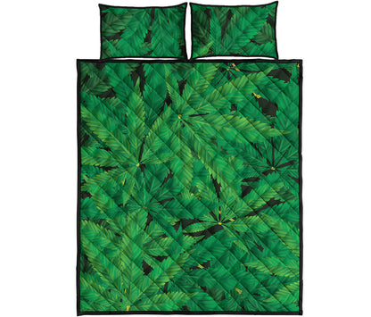 Green Marijuana Leaf Print Quilt Bed Set